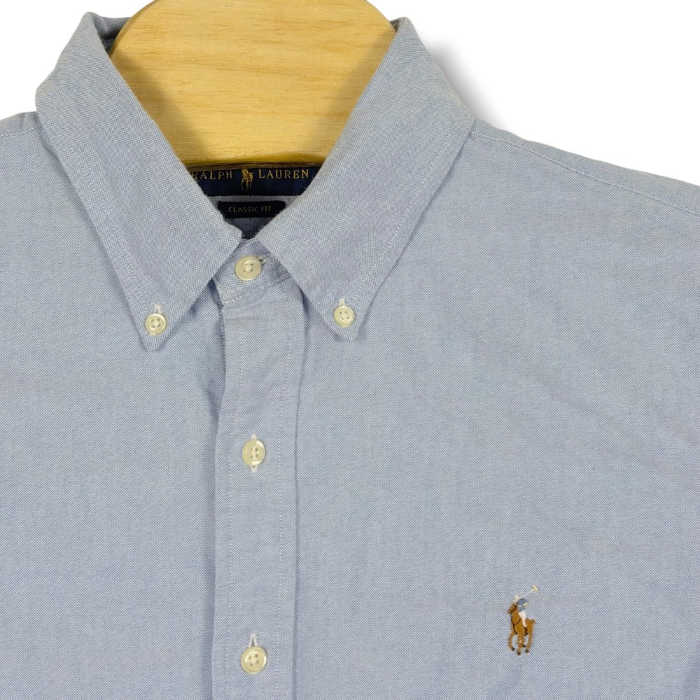 Ralph Lauren Button Down Men L Blue Classic Fit Cotton Oxford Short Sleeve Shirt
